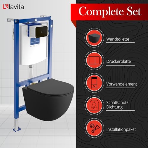 Lavita ViConnect H112 Vorwandelement Unterputz WC mit Bedienplatte + Wand Hänge Tiefspül WC Sinto Schwarz Spülrandlos + WC Sitz Komplettset Unterputz Spülkasten Toilette Komplett Sett WC – Bild 3