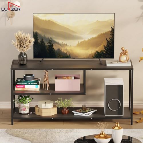 Image of Lukzer Metal & Engineered Wood TV Unit Stand Ideal for TVs Up to 43 Inch | Open Shelves for WiFi Router, Set-Top Box, Speakers & Decor | Living Room Storage Rack Organizer | MTU-001 /Black + Black
