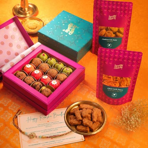 Image of Meethi Elaichi Rakhi Hamper|Fusion Sweets, Savories|Designer Rakhi & Gift Box of 16