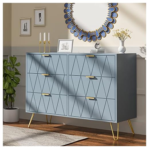 ANBUY 6 Drawer Double Dresser, Dual Chest of Drawers Modern Dresser for Bedroom with Gold Handles (Blue)