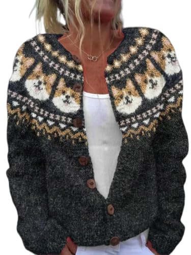 Image of Women's Funny Fall Winter Animal Floral Christmas Tree Long Sleeve Button Knit Cardigan Sweater