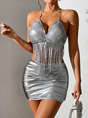 Women's Sexy 2 Piece Outfits Halter Neck Sleeveless sequined Crop Top & Bodycon Skirt Set Club Night Out party Dress4