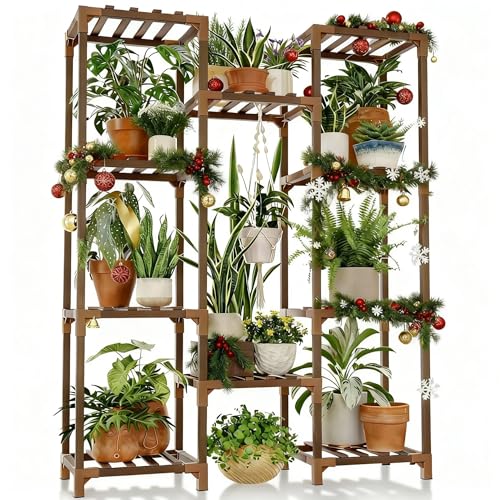 Bamworld Plant Stand Indoor Outdoor Tall Plant Shelf for Multiple Plants Pots Wood Flower Stand Large Flower Holder for Living Room, Patio, Balcony, Garden Decor, Brown