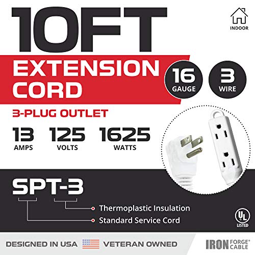 10 Ft Extension Cord With 3 Electrical Power Outlet - 16/3 Durable White Cable #TOP1