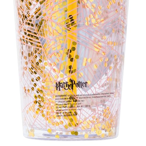 Image of Silver Buffalo Harry Potter Hogwarts Crest, Plastic Cold Cup, 32oz | Gryffindor, Slytherin, Hufflepuff and Ravenclaw, Confetti, Lid, Straw, 0.95 Liters