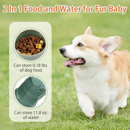 Portable Dog Water Bottle,Pet Water Bottle with Food Container,Foldable pet Water Cup,Outdoor Portable Water Dispenser for Puppy,Cat and Other Pets for Walking,Hiking,Travel,Green(11.8oz, 0.18lb) - Image 3