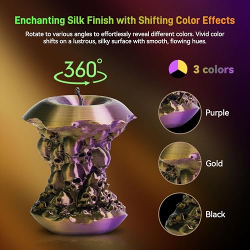Image of FLASHFORGE Silk Tri-Color PLA Filament 1.75mm, Coextrusion Black Gold Purple Triple Color Rainbow 3D Printer Filament, Enchanting Silk Finish with 360 Multicolor Shifting Color Effect