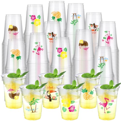 200 Pieces 16oz Hawaii Plastic Cups Hawaiian Luau Party Disposable Plastic Cups Tropical Hibiscus Drinking Cups Pineapple Tropical Wine Glasses for Tiki and Summer Beach Pool Party Supplies