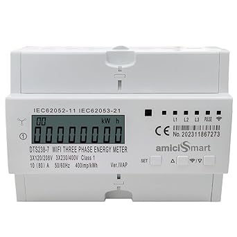 amiciSmart 3-Phase Energy Meter, WIFI Pre-Paid Meter with Over-Under Voltage, Over Load and Phase Loss Protection Class-1 Meter Compatible with Alexa, Google Assistant, SmartLife App (80A, 300VAC)