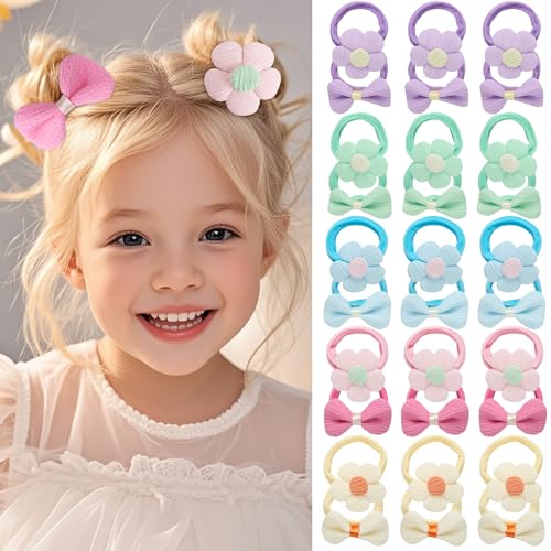 30Pcs Toddler Hair Ties, Baby Hair Ties for Girls, Cute Bow Flower Ponytail Holders, Colorful Seamless Cotton Bands for Litter Girls Kids, Toddler Hair Accessories for Thick Thin Hair