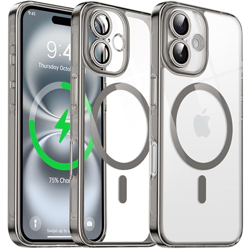 Coque iPhone 16 Plus transparente MagSafe grise avec film objectif protecteur