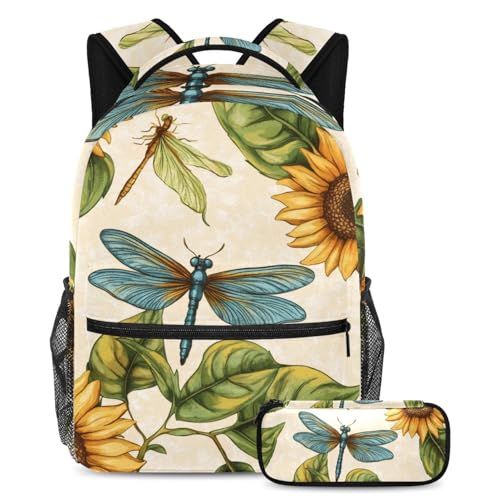 Sac à dos grand volume pour adolescent avec trousse scolaire à motif fleurs et libellules