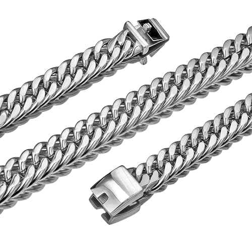 TIASRI 19mm Strong Mens Cuban Chain Silver Stainless Steel Double Curb Miami Link Necklace,Heavy Choker Jewelry(Silver,24