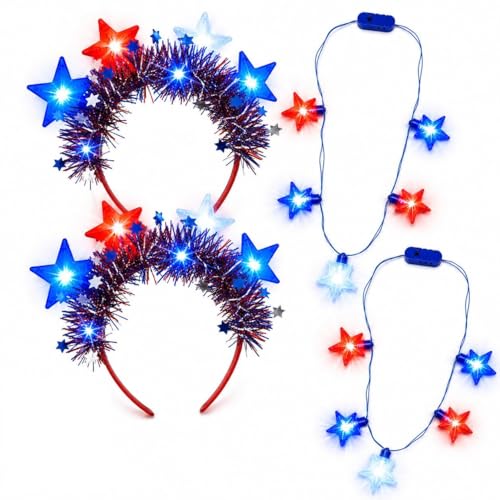 Cool Things Corp Light Up Party Wearables Set LED Necklaces & Headbands 3 Light Modes Party Favor Accessories for Kids & Adults (Patriotic 4 Pack)