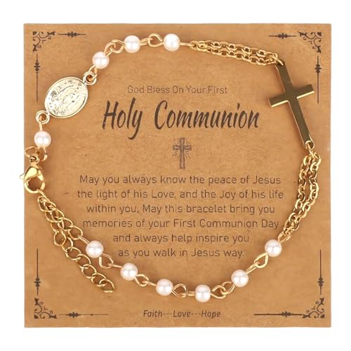 Mikovivi Pulsera con Dije de Cruz, Dorada y Blanca con La Cruz de La Virgen María y Tarjeta Inspiradora Joyería Cristiana Rosarios Religiosos Pulseras Católicas para Mujer