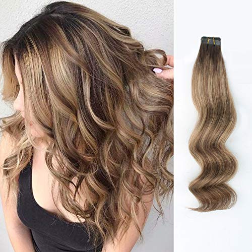 ABH AmazingBeauty Hair Pre-taped Double Sided Rooted Highlighting Remy Tape in Hair Extensions , Chestnut Brown-Dark Dirty Blonde with Dark Brown Root R3-6-12, 20 Inch