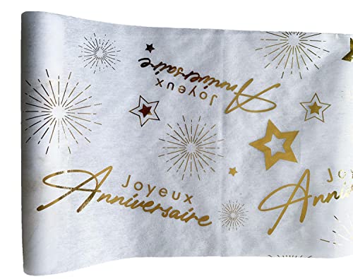 Tralala Fêtes® Chemin de Table Non-Tissé « Joyeux Anniversaire » – Déco Centre de Table Blanc & Or – Décoration Originale Pour Fête d’Anniversaire –...