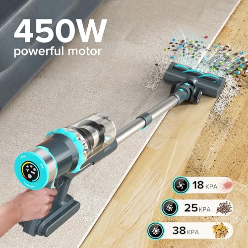 Image of Belife BVC11 Cordless Vacuum Cleaner, 450W 38Kpa Stick Vacuum with 50 mins runtime, 13000RPM Burshless Motor, Powerful Vacuum Cleaners for Home Hardwood Floor pet Hair Carpet (Blue)