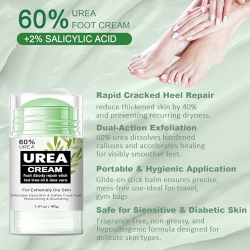 60% Urea Cream Stick with Tea Tree Oil & Aloe Vera, Maximum Strength Foot Cream for Dry Cracked Heels, Feet Callus Remover, Dead Skin Exfoliator, Moisturizing Lotion for Hands, Knees, Elbows - 1.41oz - Image 5