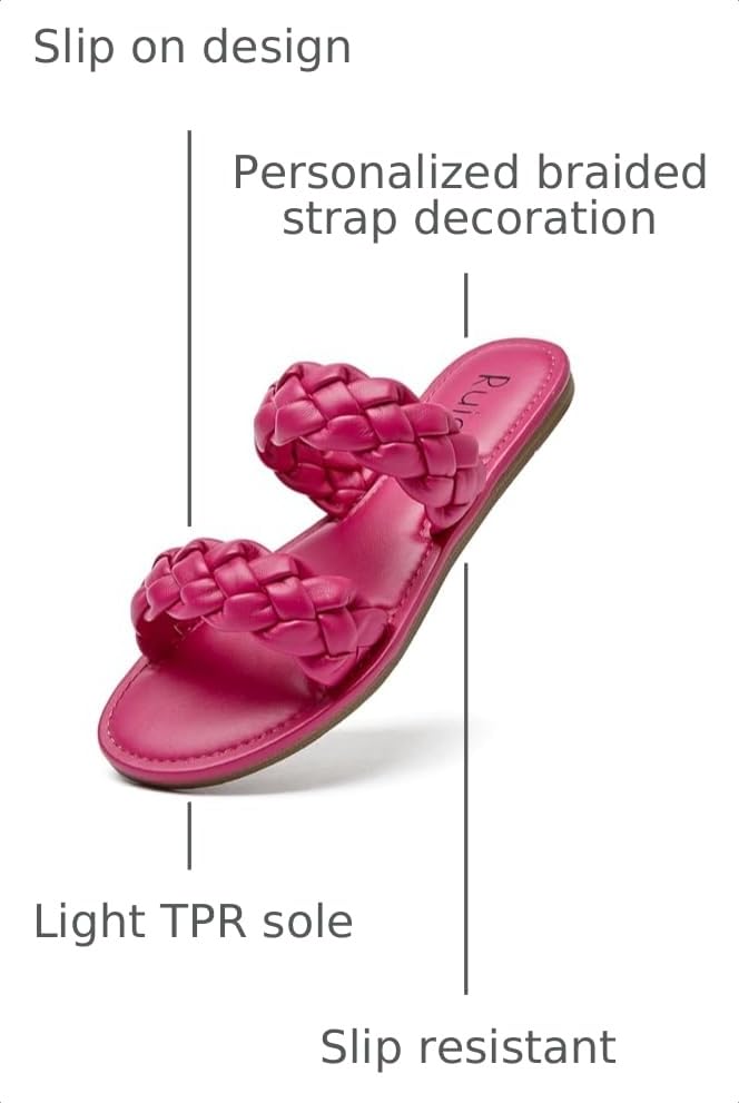 Image of Ruiee Wide Width Flat Sandals for Women. | Wide Width Sandals, X-Wide Feet Slides, Summer Braided Flat Slides, Versatile, Fashion Comfort