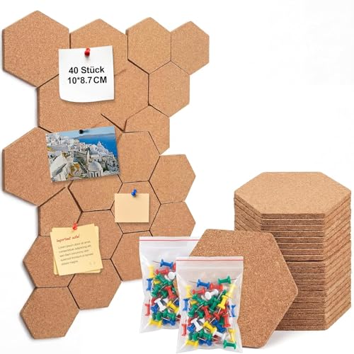 Katyjun 40 Stück Pinnwand Kork 1 cm Dicke Korkplatten mit 100 Farbigen Stiften Filz Wandpaneele Zum Befestigen von Fotos und Notizen Pinwand Korktafel Hochwertiges Korkmaterial