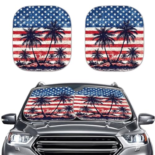 Image of 2 PCS Windshield Sun Shade Foldable Palm Tree American Flag Car Front Window Sunshade for Most Cars SUV Truck Heat Shield Sun Visor Removable Automotive Accessories