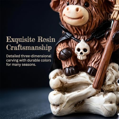 Vaca de las Tierras Altas bruja de resina para decorar la chimenea en Halloween 6