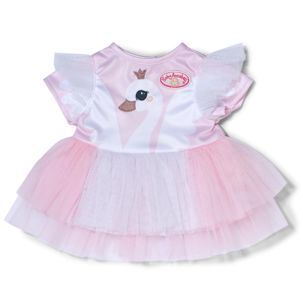 Baby Annabell Swan Dress, Beautiful Outfit for 43cm Dolls, 711040 Zapf Creation, Swan Print With Light-colored Frills