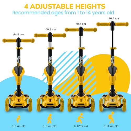 Image of Hurtle 3-Wheeled Scooter for Kids - Wheel LED Lights, Adjustable Lean-to-Steer Handlebar, and Foldable Seat - Sit or Stand Ride with Brake for Boys and Girls Ages 1-14 Years Old