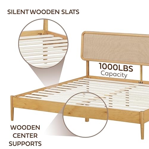 Image of NTC Lupin Wooden Bed Frame with Headboard, Solid Oak and Rubber Wood Foundation with Silent Slats and Wood Central Supports, 1000 Lb Capacity (Rustic Oak, Queen)