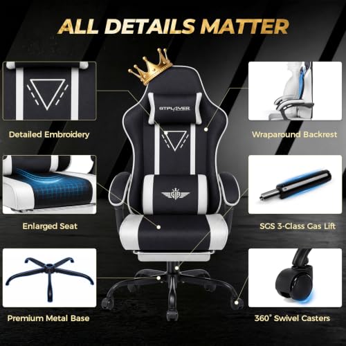 Image of GTPLAYER Video Gaming Chair Fabric, Ergonomic Computer Chair with Footrest and Pocket Spring Cushion, Height Adjustable Video Gamer Chair with Lumbar Support for Adults, White