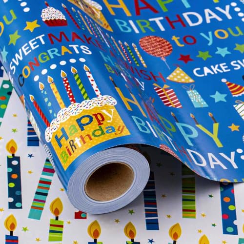 Papier cadeau bleu rouleau réversible Homeral pour fête et cadeaux