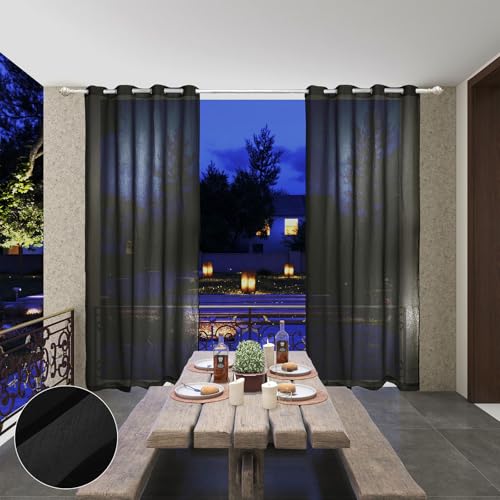 Hiseng Cortina de Exterior Impermeable, 2 Pieza Cortinas Exterior Porche Cortina Visillo Opacas con Ojales, Cortinas Termicas Aislantes Frio para Terraza Pergolas de Jardin (132x213cm,Negro)