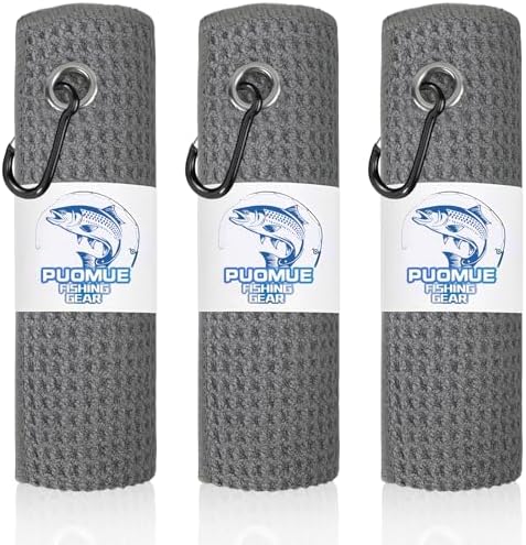 Puomue 3 Pack Microfiber Fishing Towels with Clip, 16" X 16", Waffle Pattern for Effective Cleaning of Fishing Gears or Dirty Hands, Perfect for Camping Towels and Hiking Towles (Grey, 16"X16")