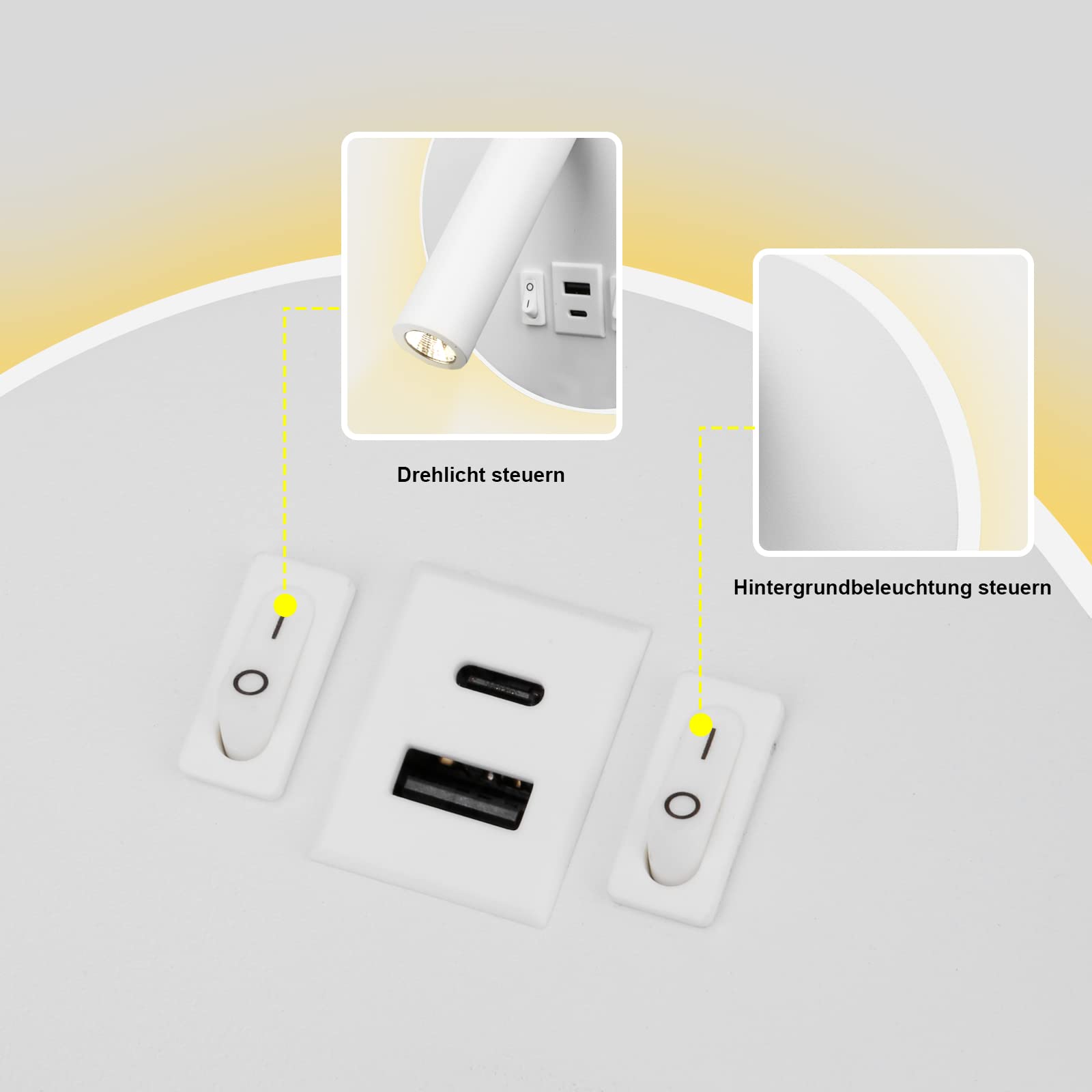 LED Lampada da Lettura USB Tipo-C Due Interruttore di Bocca di Carica Regolabile 12W LED Spotlight 3000K Lampada Da Parete In Alluminio Lampada Da Letto Rotabile (Tondo bianco)
