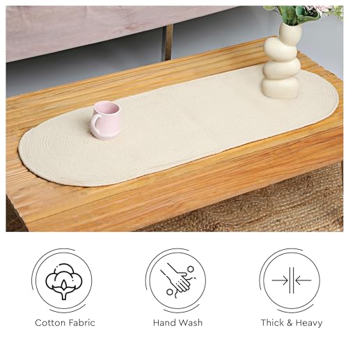 Image of Encasa XO Table Runner for 4 Seater | Handmade Ribbed Style Cotton | 30x91 cm | Off White | for Dining & Center Table