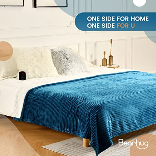 Image of Bearhug Electric Heated Blanket, 62 inchx84 inch Ribbed Flannel & Sherpa Fast Heating Blanket, 10 Heating Levels & 1-12H Auto Off, Over-Heat Protect, ETL, Machine Washable