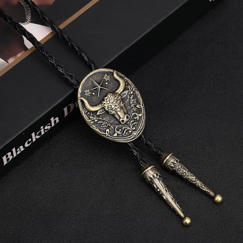 Image of Joxevyia Bolo Tie for Men Vintage Cow Skull Leather Rope Western Cowboy Necktie Vintage Bola Tie Gift for Him