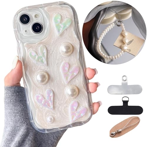 スマホケース iphone15ケース リボン クリア 透明 パール アイフォン16ケース パール リボン飾り シェル風 iphone16 15promax 15plus 16proケース アイフォン14ケース レディース 韓国 キラキラ かわいい おしゃれ オシャレ カワイイ (ハートテーマケースx白ハートストラップ, iPhone15)