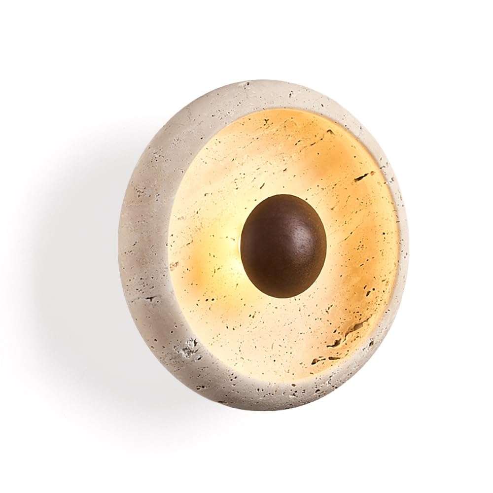 ITOSUI Mid-Century Yellow Travertine Wall Sconce, Organic Stone & Wood Round Wall Lamp, Zen Minimalist LED Light Fixture for Bedroom Bedside, Hallway & Study