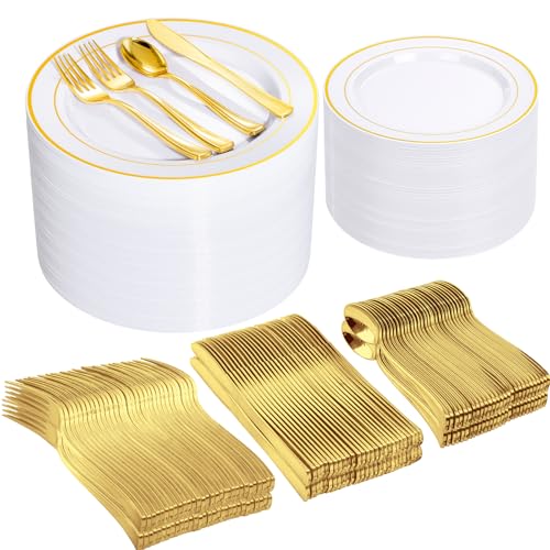 I00000 600 Pcs Gold Plastic Plates for 100 Guests.Disposable Plates for Party,Plastic Dinnerware Set of 100 Dinner Plates,100 Salad Plates,400 Gold Silverware Set(100 Spoons,100 Knives,200 Forks).