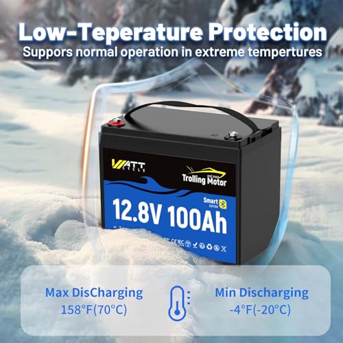 Image of WattCycle 12V 100Ah LiFePO4 Battery, Group 24 Lightweight Lithium Battery with 120A Smart BMS, IP67 Waterproof, Bluetooth Monitoring Battery for RV, Boat, Solar, Off-Grid Backup Power