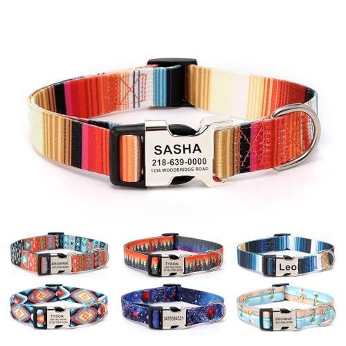 Collar para Perro Personalizado de Nylon, diseño de Moda, Cierre metálico, Grabado láser, tamaño Ajustable, Personalizable con Nombre y teléfono, Adecuado para Todos los Perros (Franja Naranja)