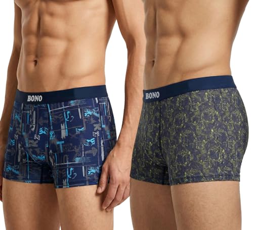 Image of BONO Mens Trunks Pack of 2 Cotton Underwear Breathable Printed Anti-Bacterial Underwear Men Trunk with No Marks Nylon Buffed Stretchable Waistband