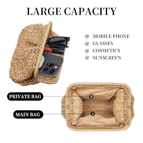 Image of Straw Clutch Purses - Straw Crossbody Bags for Women Woven Purse Beach Handbags Cloud Dumpling Pouch