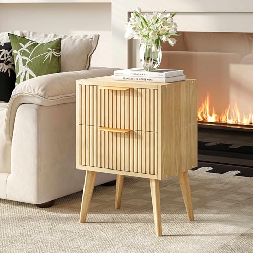 YAUKOMEL Nightstand with 2 Drawers,Fluted Bedside Table,Natural Wood Night Stand,Light Wood Side Table with Solid Wood Legs,End Table for Living Room,Bedroom,Small Space Natural CTG55Y