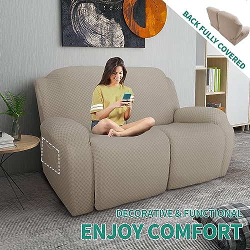 Image of YEMYHOM 6 Pieces Stretch Loveseat Recliner Slipcover Jacquard Recliner Sofa Cover with Side Pocket Fitted Recliner Cover Couch Furniture Protector with Elastic Bottom (Medium, Khaki)