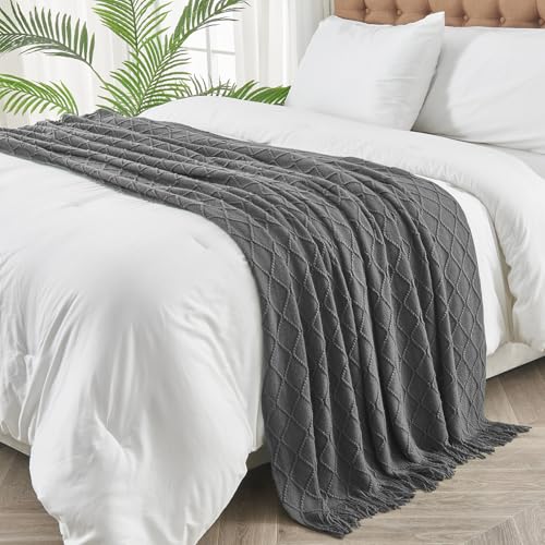 inhand Gestrickte Überwurfdecken für Couch und Bett, weiche, gemütliche Strickdecke mit Quaste, dunkelgrau… – Ansicht 6