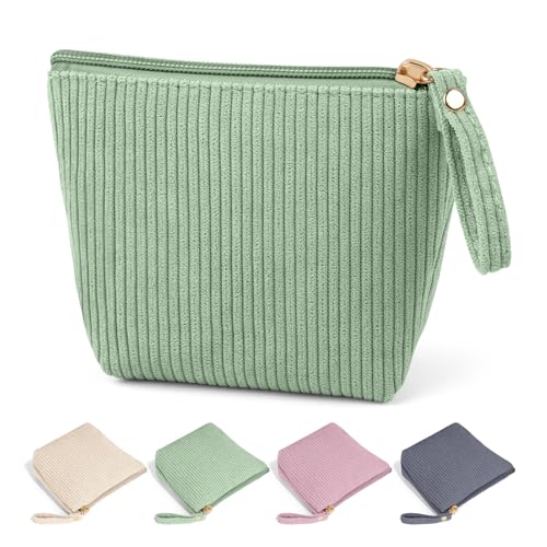 MAGEFY Mini Makeup Bag Cute Small Makeup Bag for Purse Corduroy Cosmetic Bag for Women with Slip-in Pockets Travel Purse Essentials Lipstick Bag(Green Mini)