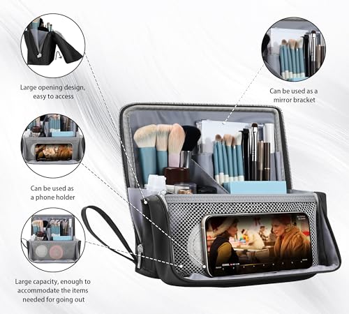 2025 New Makeup Bag,Multi-Purpose Large Capacity leather Standing Makeup Bag,Parallel Traveler Makeup Organizer Portable,Waterproof Cosmetic Toiletry Bags,Black3